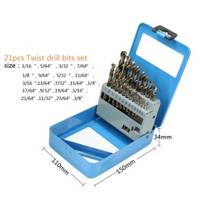 Customize 1/16”-3/8”21Pcs Inch Fully Ground HSS Cobalt Drill Bits Set in Metal Box