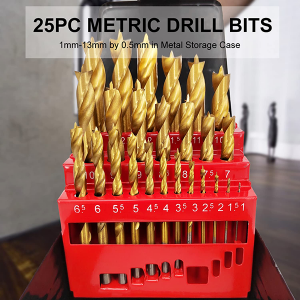 Brad Point Wood Drill Bits 25PC Set Metric Size 1-13mm In Metal Case
