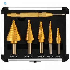6 CÁI HSS Bộ mũi khoan bước phủ titan & Cú đấm tâm tự động để khoan kim loại