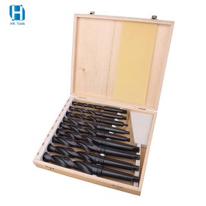 DIN345 9pcs Wooden Box Packing Black Oxide HSS 4241 Taper Shank Twist Drill Bits Set For Metal Drilling