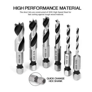 HSS4241 1/4″Quick Change Hex Shank Brad Point Drill Bit Stubby Drill Bit Set For Reamer Woodworking