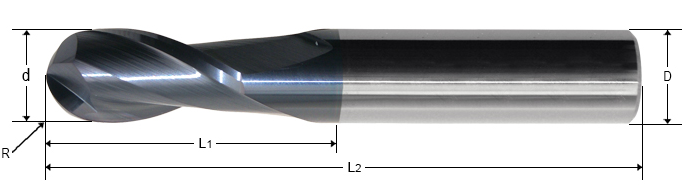 HRC55 Carbide 2 FluteBall Nose End Mills size