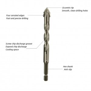 Hex Shank Four-Edged Sawtooth Eccentric Drill Bit for Tile Glass Ceramics