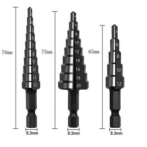 3PCS HSS Black Step Drill Bits Set Straight Flute With Hexagonal Shank