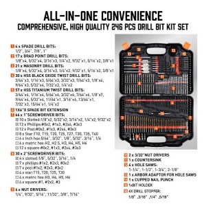 246pcs Tool Set Woodworking Spade HSS Titanium Twist Drill Bits Countersink Screwdriver Hole Saws Drill Bit Set